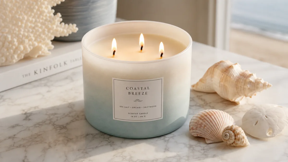 a 3 wick tumbler candle burning on a white marble surface beside…