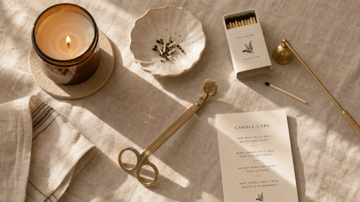 overhead flat lay of candle care tools including wick trimmer scissors and…