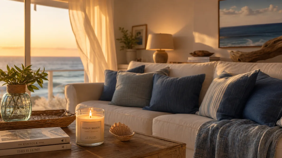 a cozy coastal living room with ocean breeze candle lit on a…
