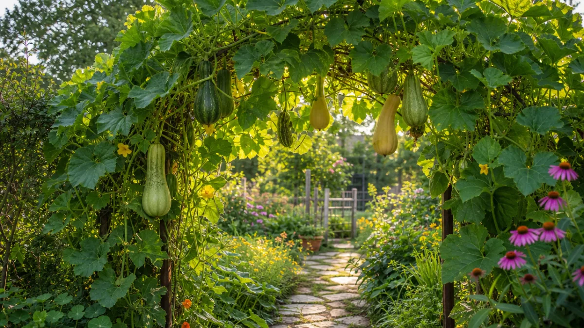a lush garden arch covered in green squash vines with hanging fruits,…