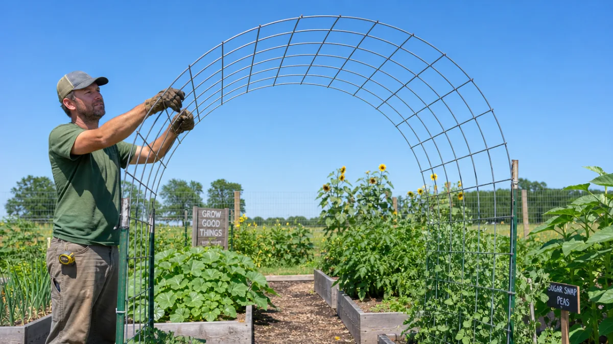 a gardener installing a curved metal cattle panel arch in a sunny…