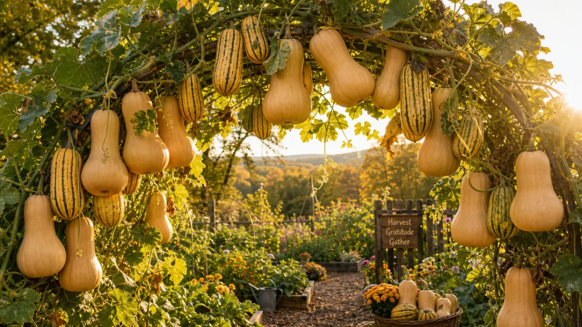 a bountiful harvest of butternut and delicata squash hanging from a vine-covered…