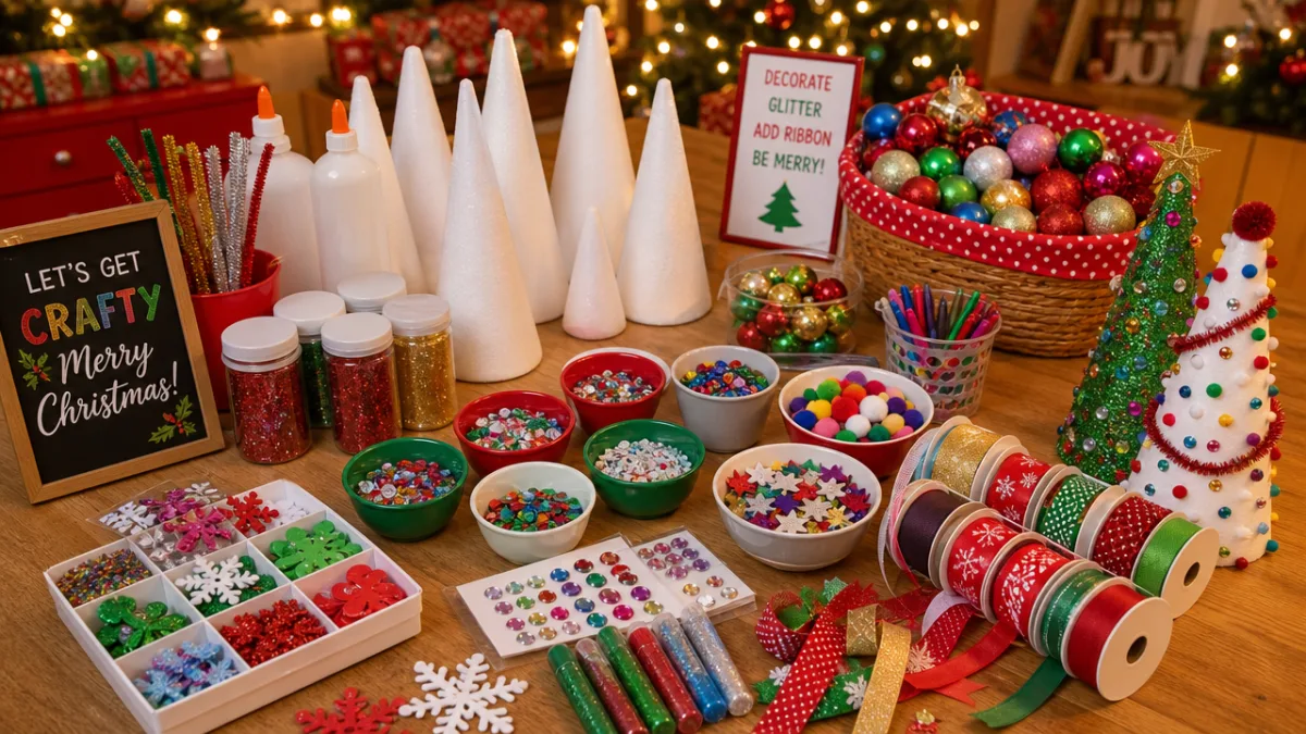 a brightly lit craft table covered in colorful Christmas ornaments, glitter, ribbon,…