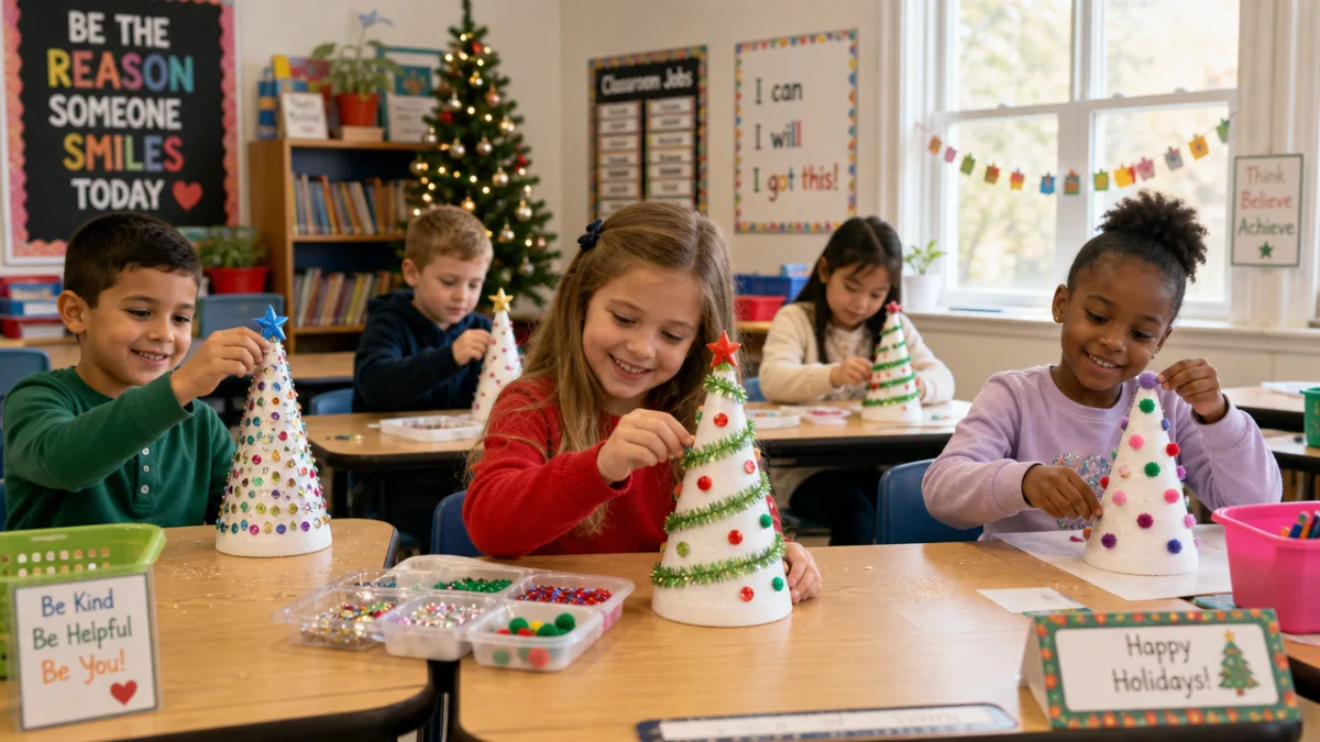 a cheerful elementary classroom with children decorating Styrofoam Christmas tree cones at…