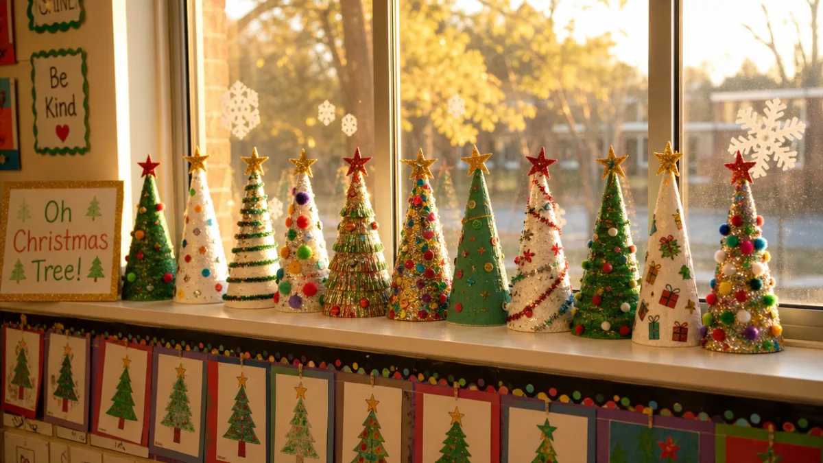 a festive classroom windowsill display of finished Styrofoam Christmas tree cones decorated…