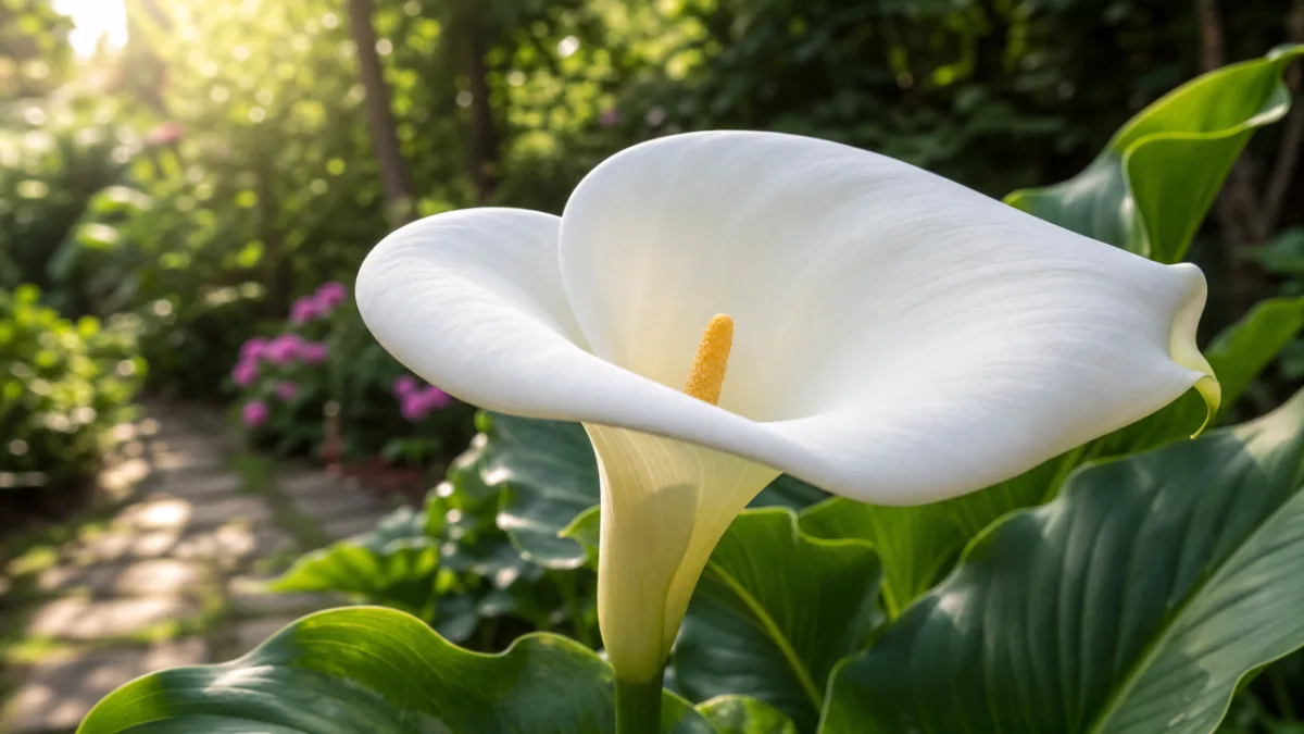 a lush white calla lily bloom in a sun-dappled garden setting, soft…