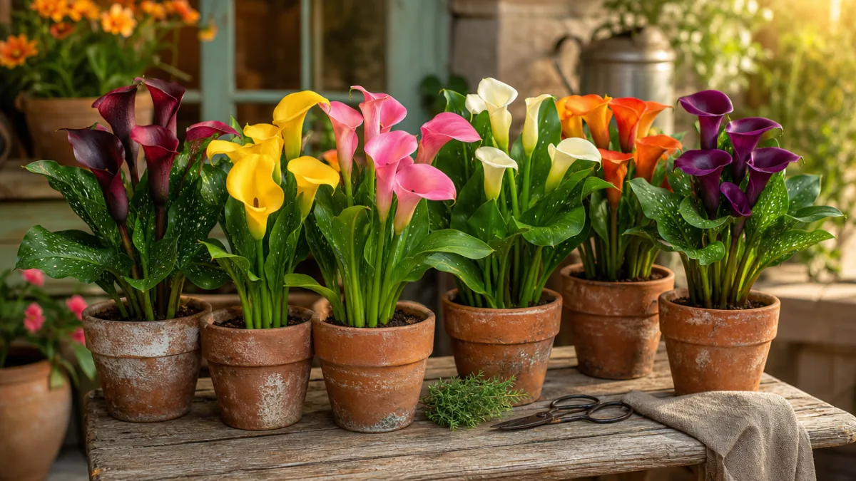 colorful calla lily varieties in terracotta pots on a rustic wooden table,…