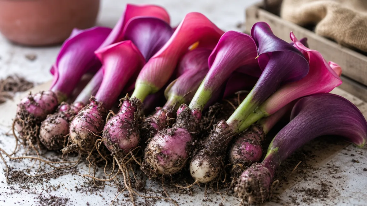 close-up of vibrant pink and purple calla lily bulbs being prepared for…