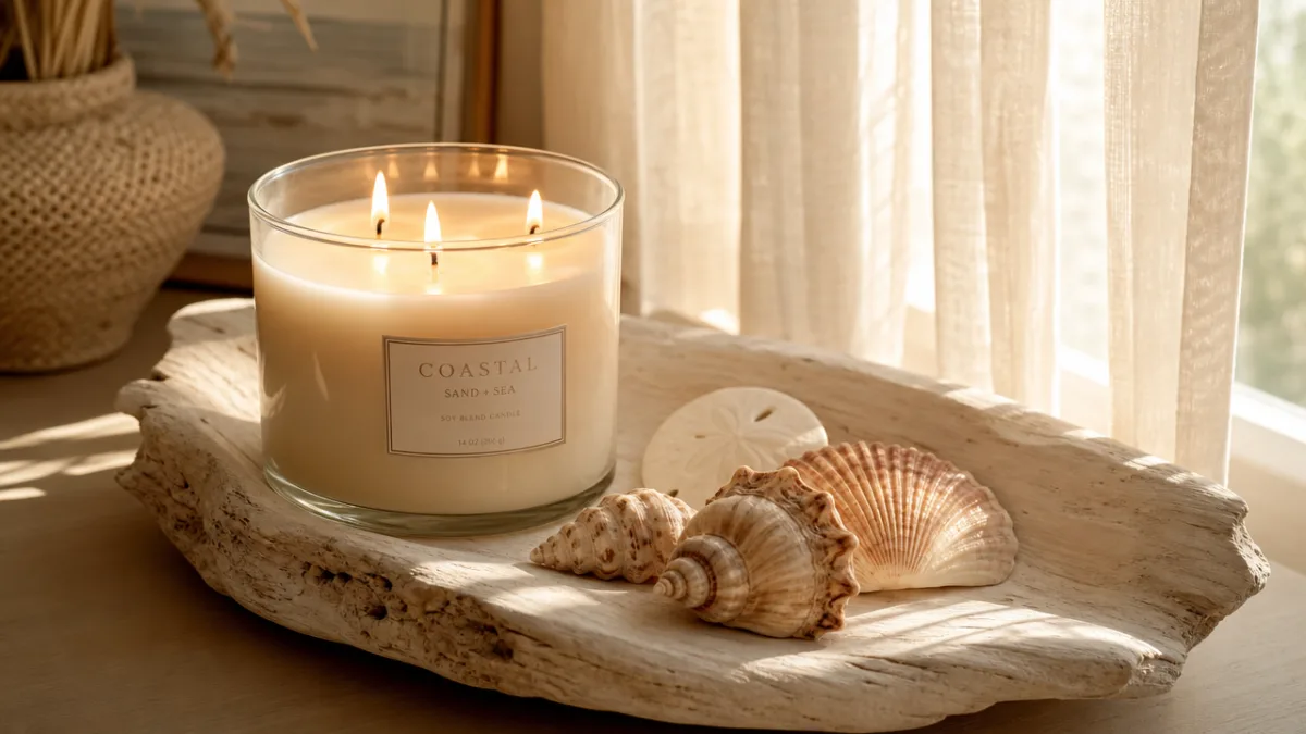 a lit three-wick candle on a white driftwood tray beside seashells and…