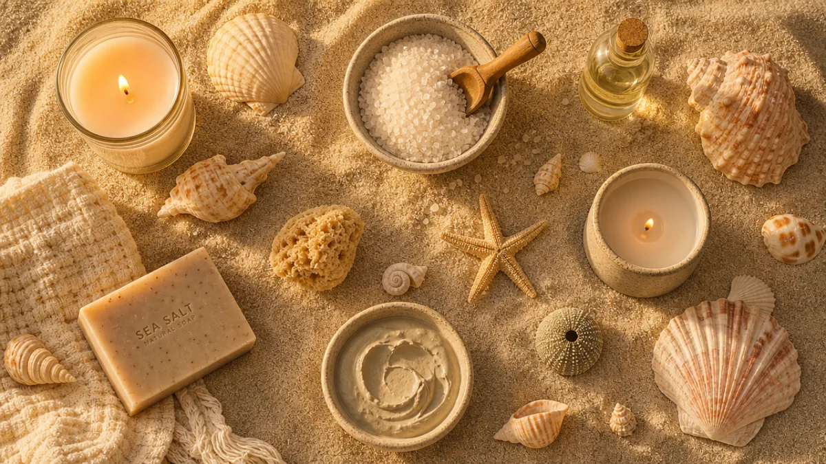 an overhead flat lay of candles bath products and seashells arranged on…