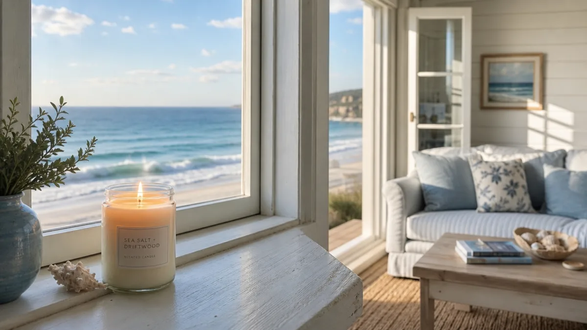 a cozy sunlit beach house interior with a burning candle on a…
