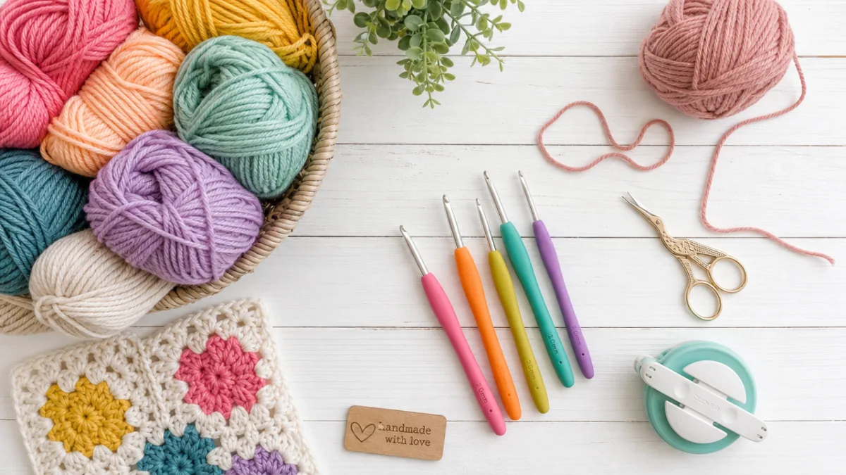 a flat lay of colorful yarn skeins, crochet hooks, scissors, and a…