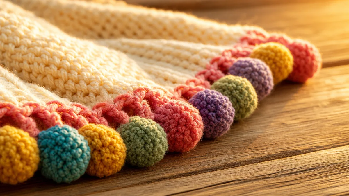 close-up of colorful crochet pom pom border edging on a cozy knitted…