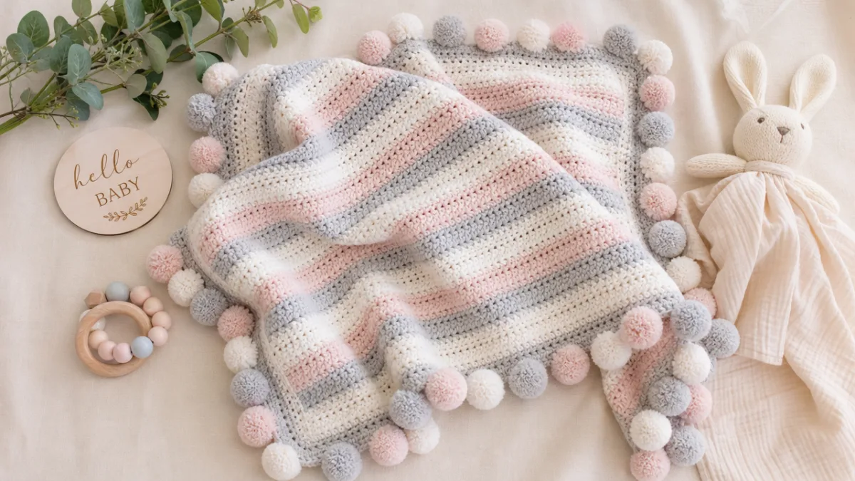a cozy styled flat lay showing crochet baby blanket with pom pom…