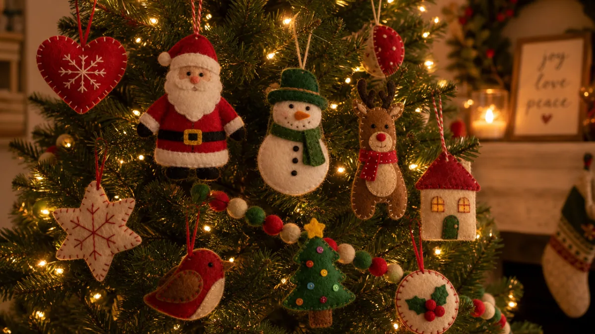 a decorated Christmas tree with handmade felt ornaments hanging from branches, warm…