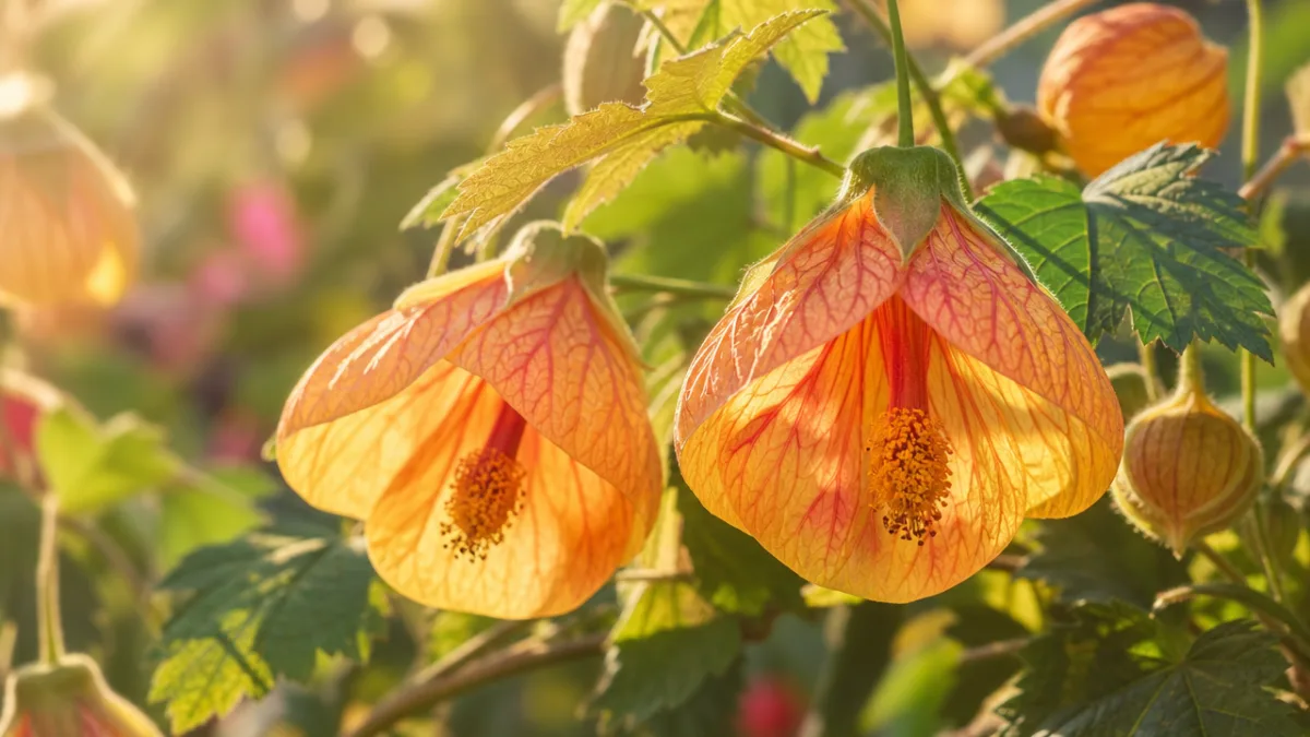 a close-up of Abutilon 'Halo' flowers glowing in warm afternoon sunlight, soft…