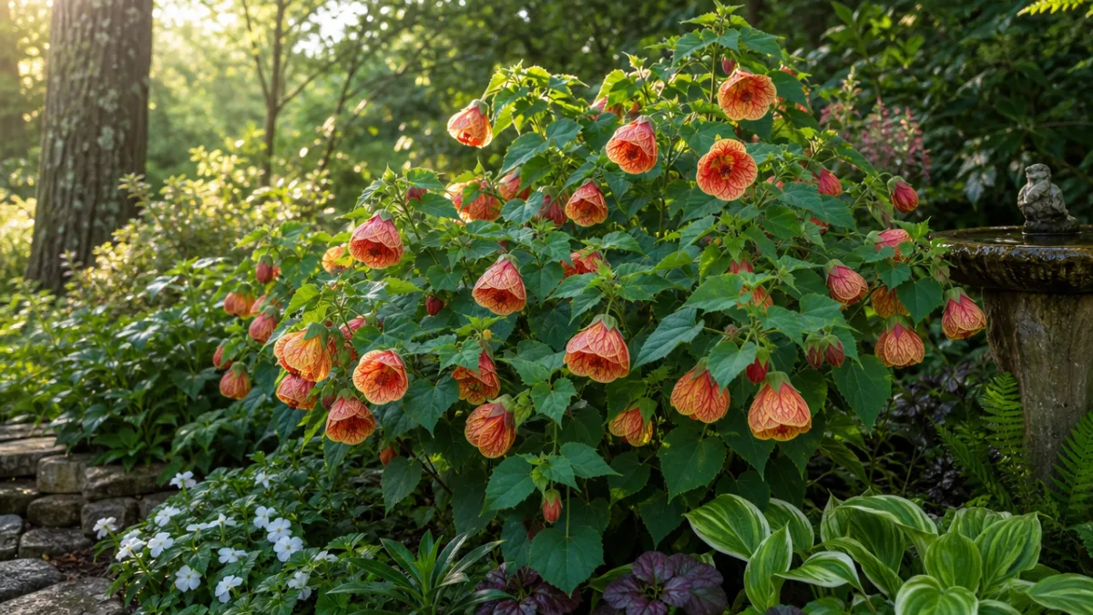 a lush garden bed with Abutilon 'Halo' in full bloom, dappled morning…
