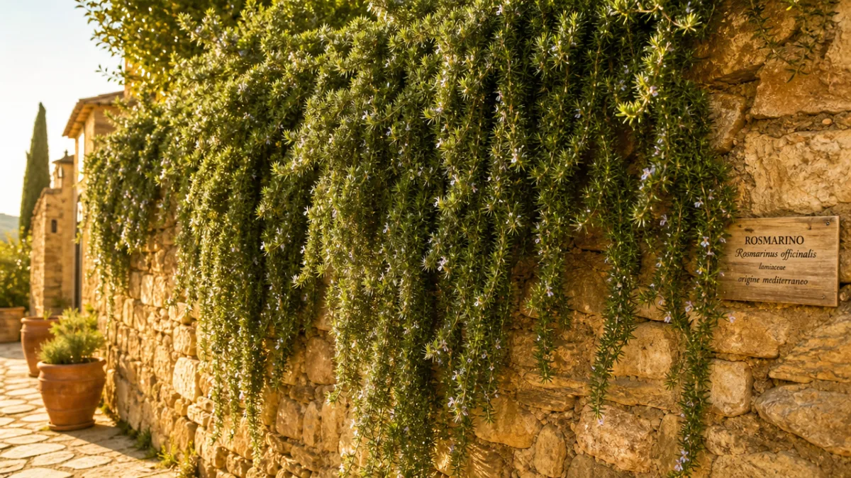 a sun-drenched Tuscan stone wall covered in cascading rosemary, warm golden afternoon…