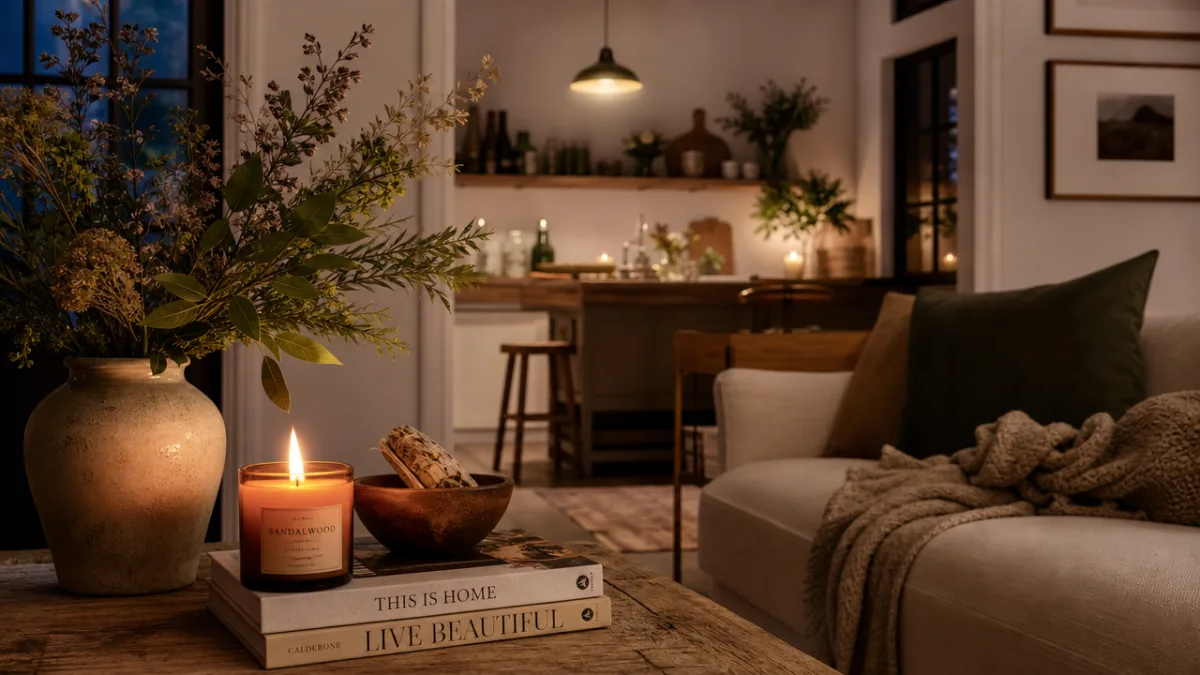 a beautifully styled home interior with a lit candle, fresh herbs and…