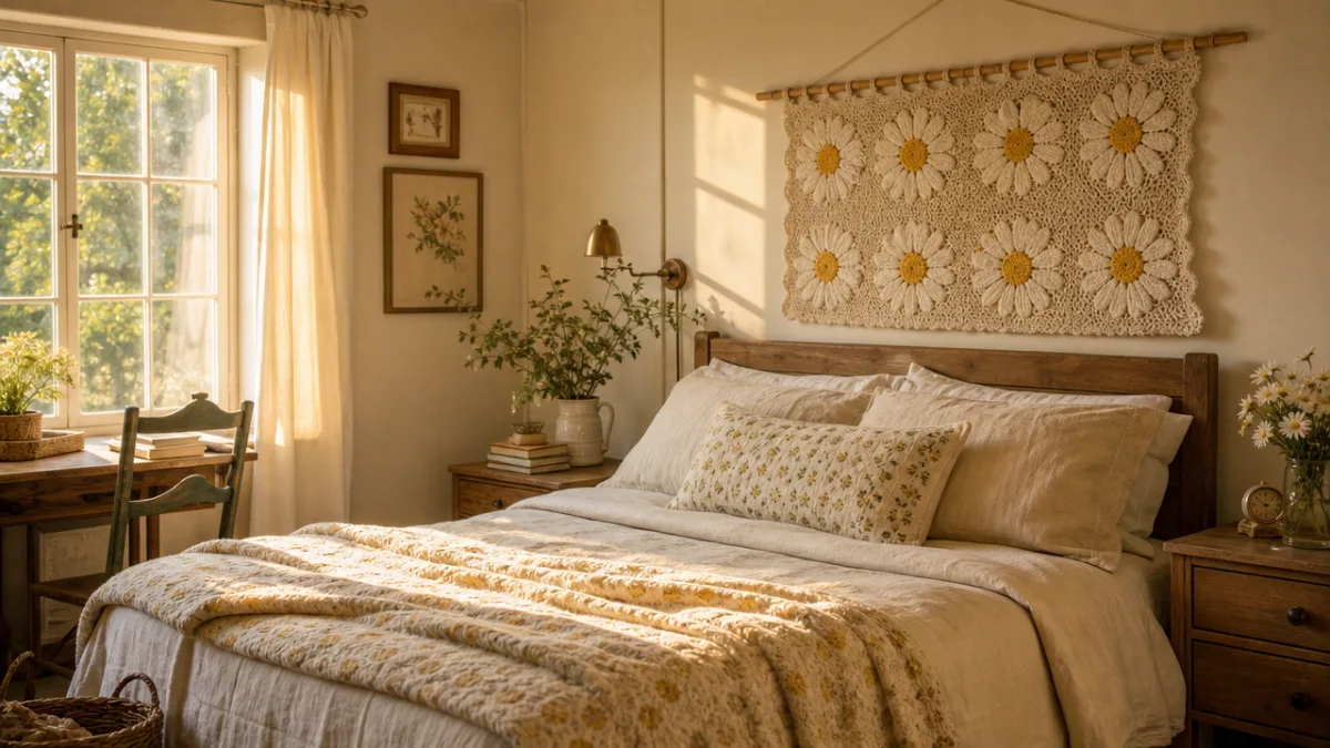 a sun-drenched farmhouse bedroom with a crochet daisy wall hanging above a…