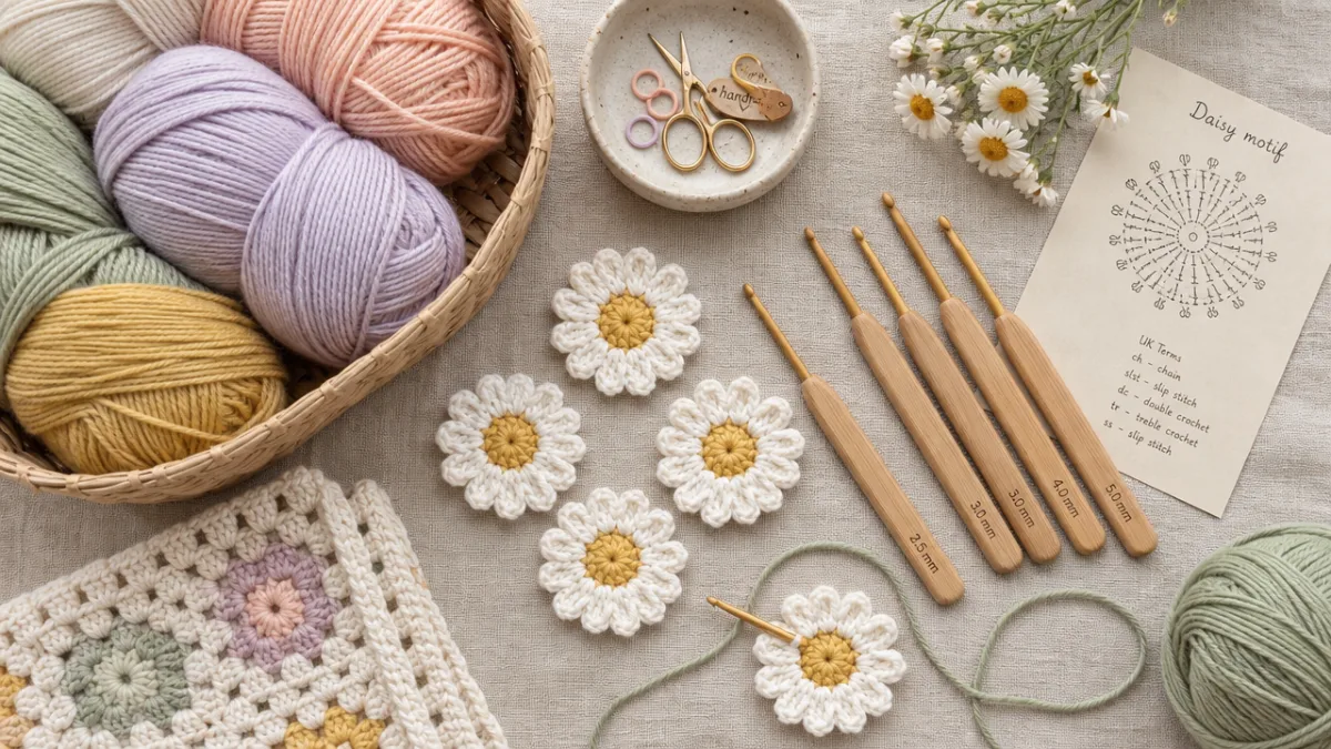 a flat lay of crochet supplies including pastel yarn skeins, wooden hooks,…