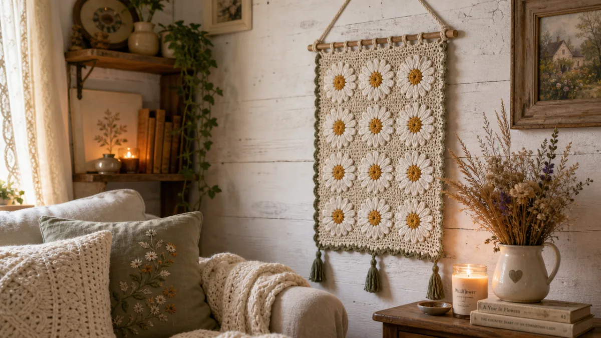 a cozy cottage living room corner with a finished crochet daisy wall…