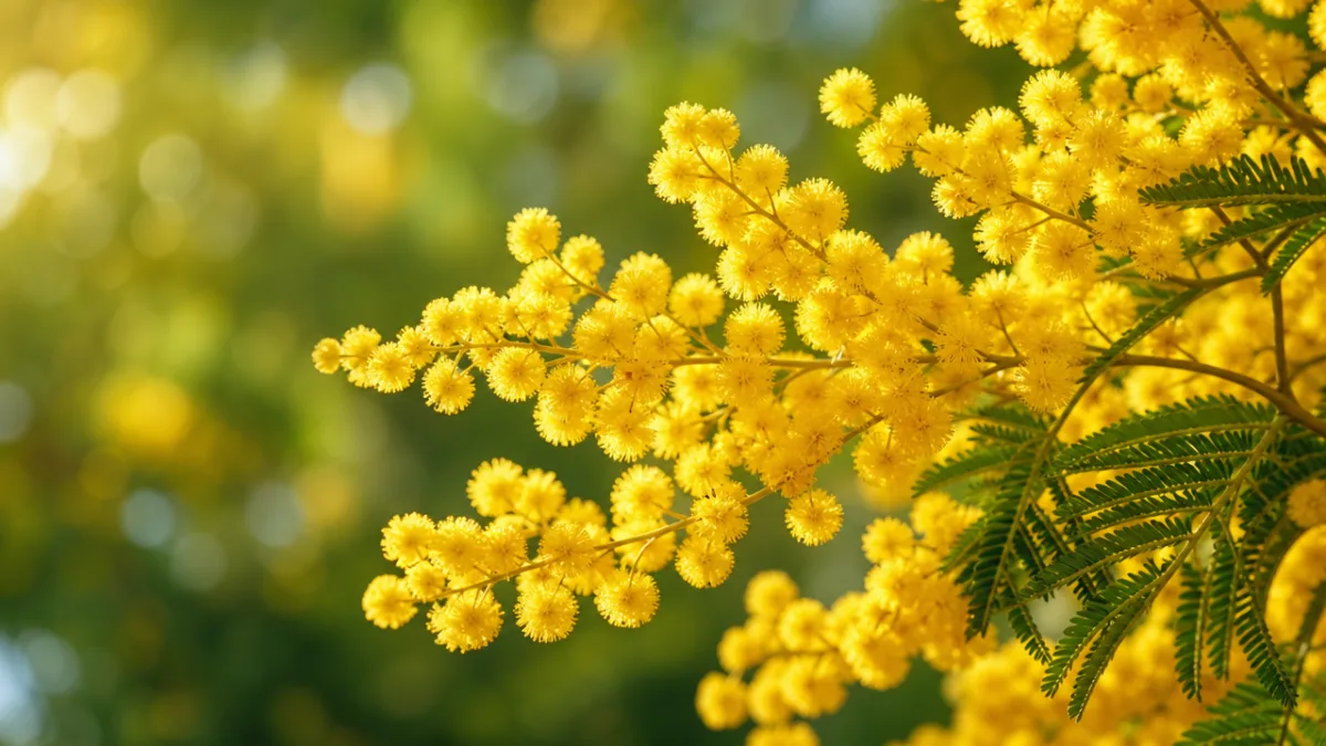 a close-up of vibrant golden acacia flower clusters with soft bokeh green…