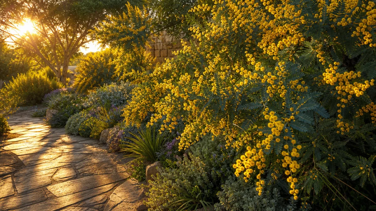 a lush garden bed with blooming acacia shrubs alongside stone pathway, golden…