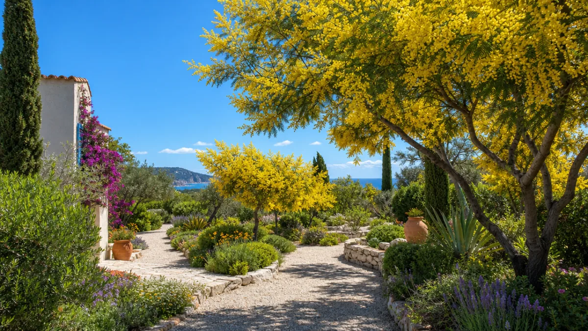 a wide-angle view of a Mediterranean garden with flowering acacia trees and…