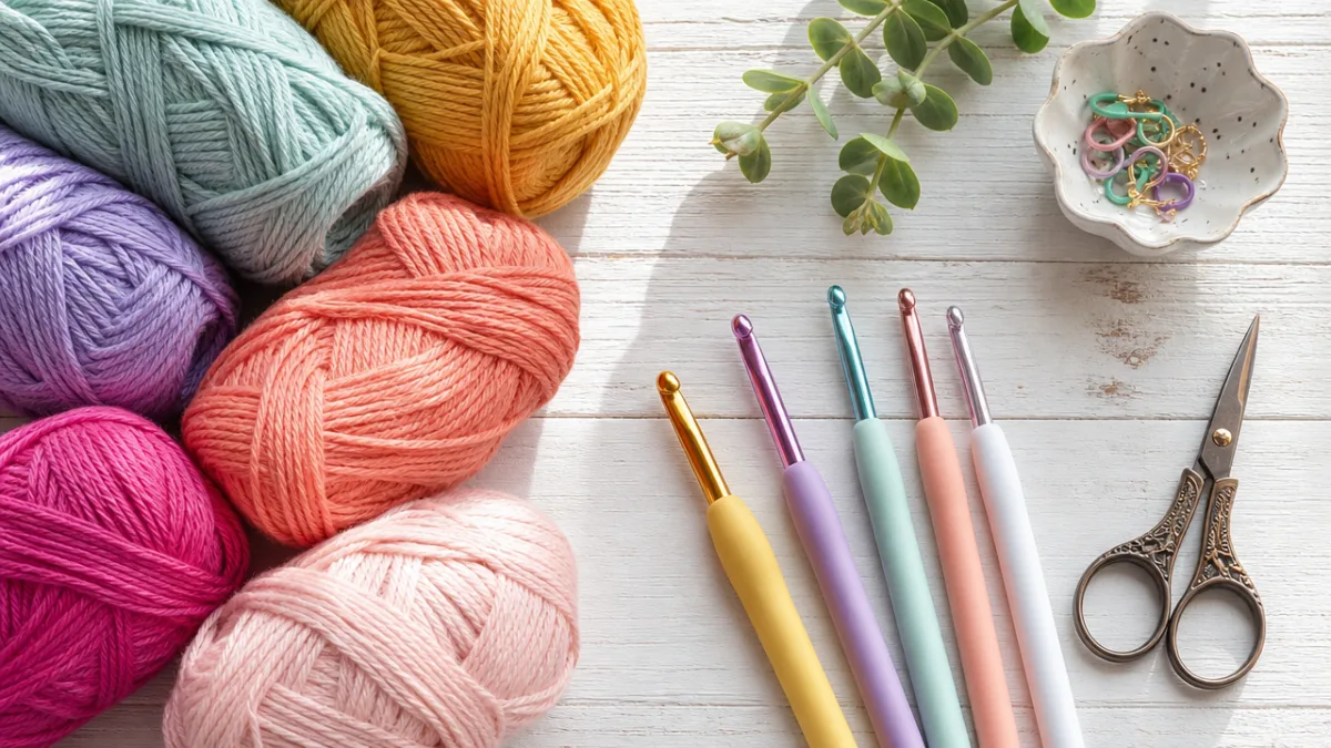 a flat lay of colorful yarn skeins, crochet hooks, and scissors on…