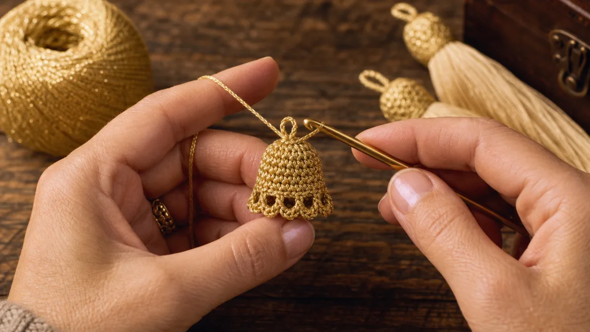 hands crocheting a small decorative tassel cap in gold yarn, warm close-up…