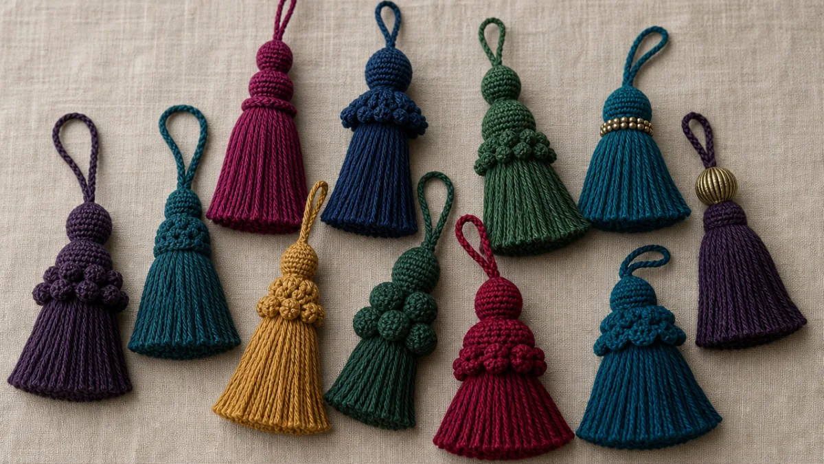 a variety of handmade crochet tassels in jewel tones arranged on a…