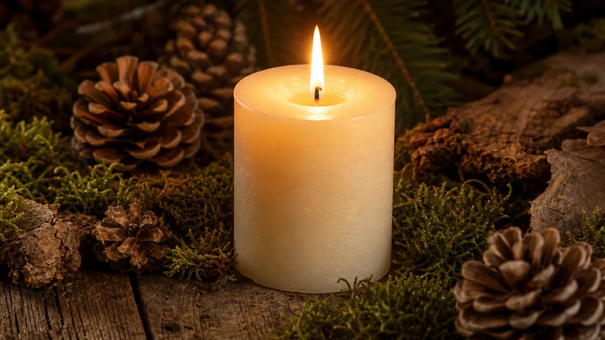 a creamy white candle burning on a rustic wooden surface surrounded by…