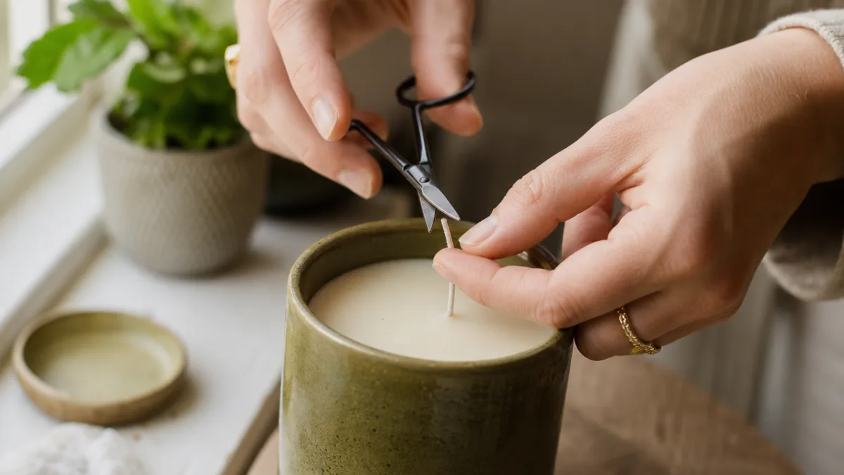 close-up of hands trimming a candle wick above a green moss-toned vessel,…