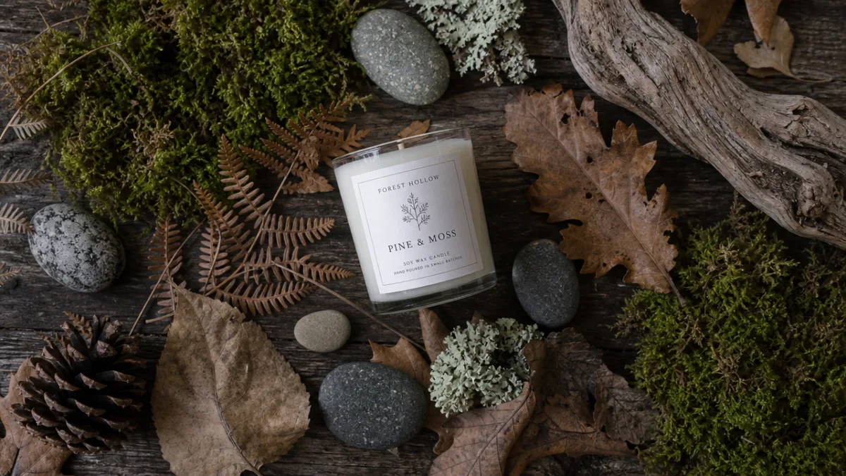 a forest-inspired flat lay with the candle, dried leaves, green moss, and…
