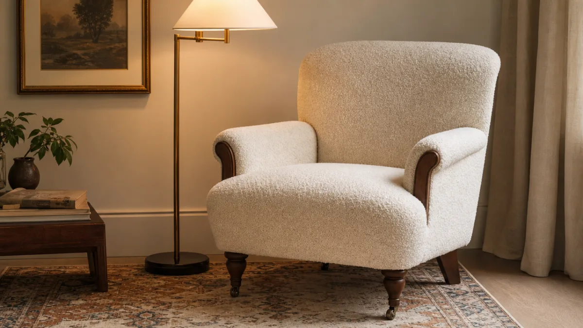 a thrifted armchair reupholstered in cream bouclé fabric beside a minimalist lamp,…