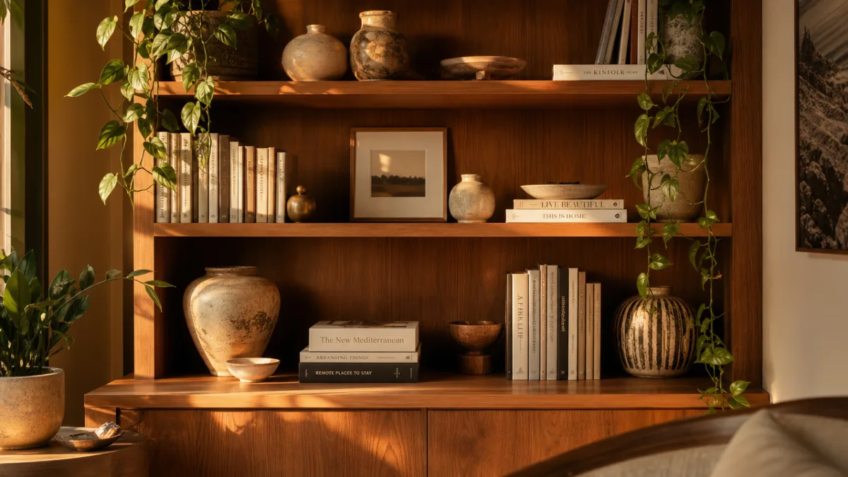 a beautifully styled wooden bookshelf with ceramics, books, and trailing plants, warm…
