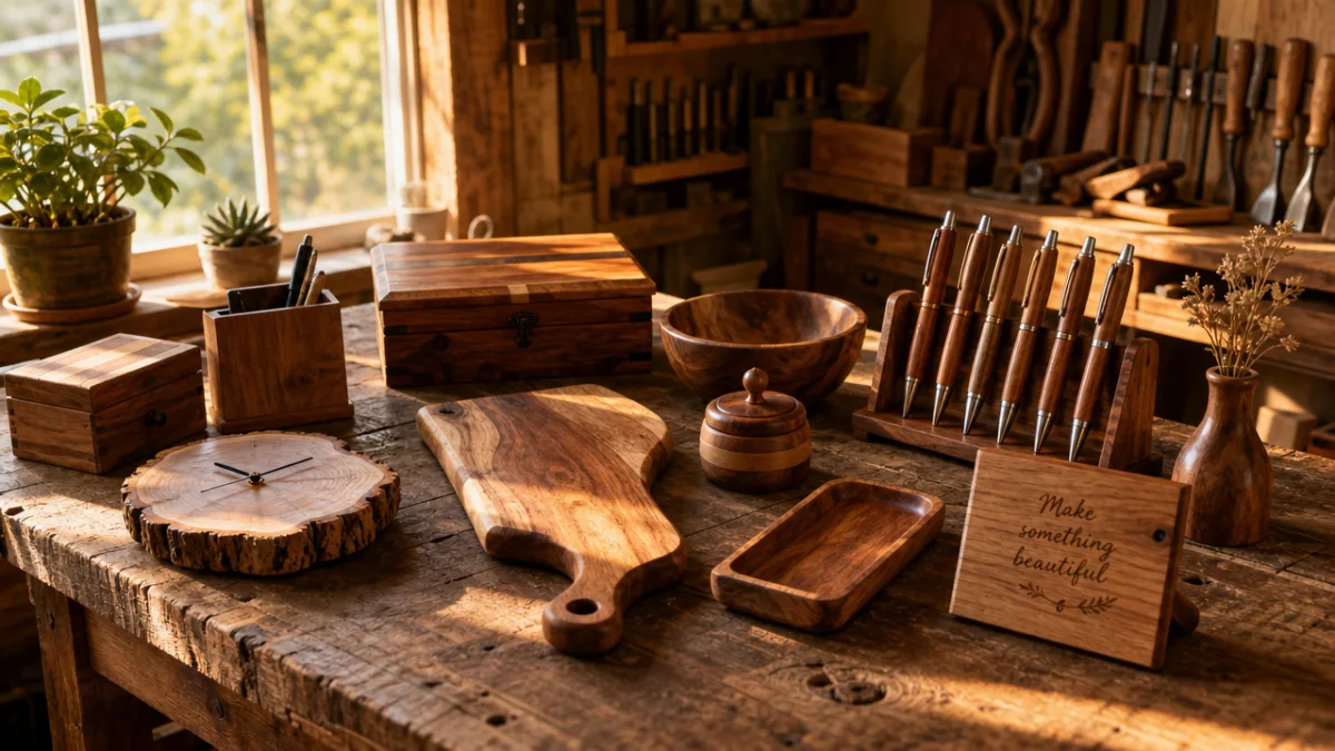 a rustic wooden workshop table covered with small handcrafted wood items, warm…