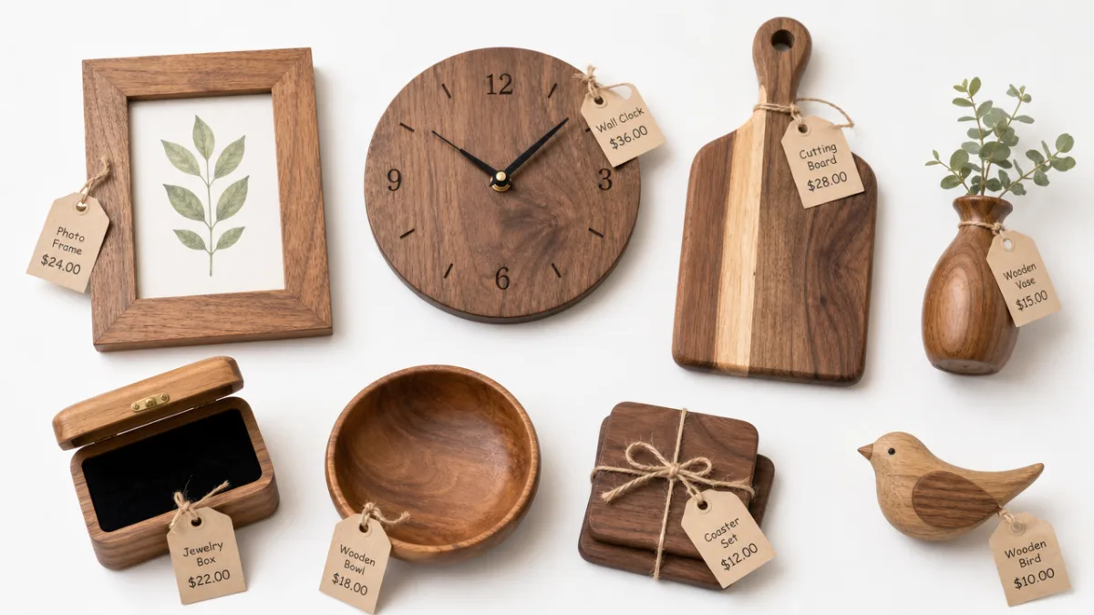 a neat flat-lay of handmade wooden crafts on a white background with…