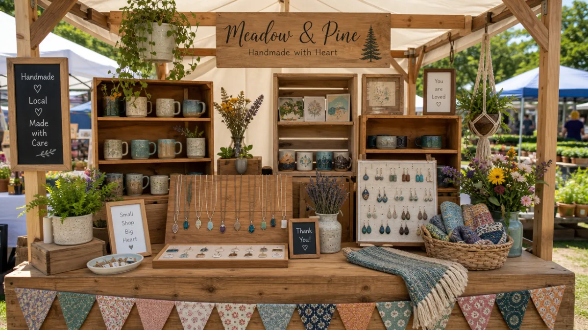 an organized wooden craft stall at a farmers market, bright natural daylight,…