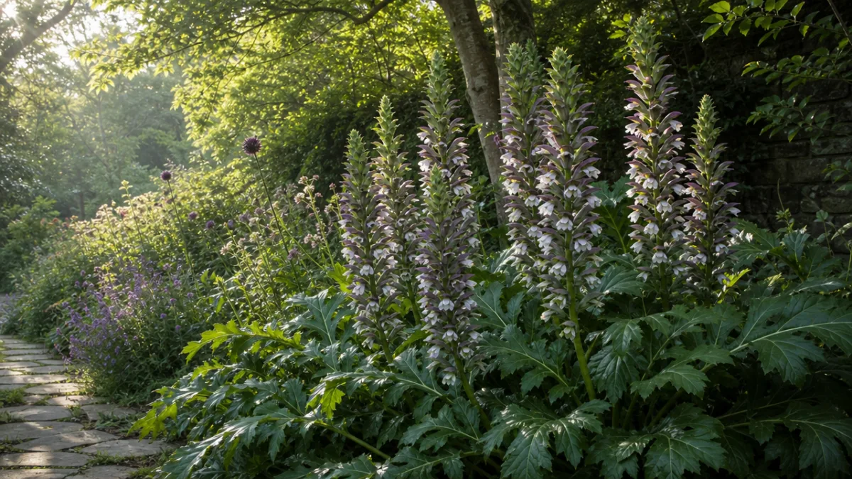 a lush garden border featuring large Acanthus mollis plants with dramatic flower…