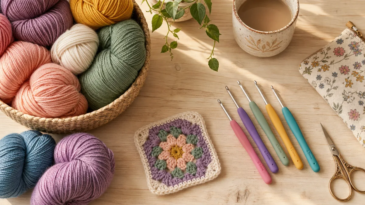 a flat lay of colorful yarn skeins, crochet hooks, and scissors on…