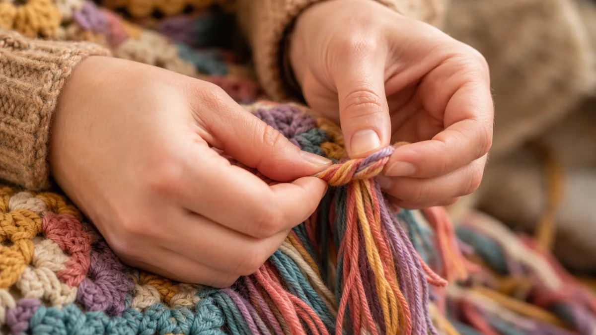 close-up of hands twisting colorful yarn fringe on a crochet blanket, soft…