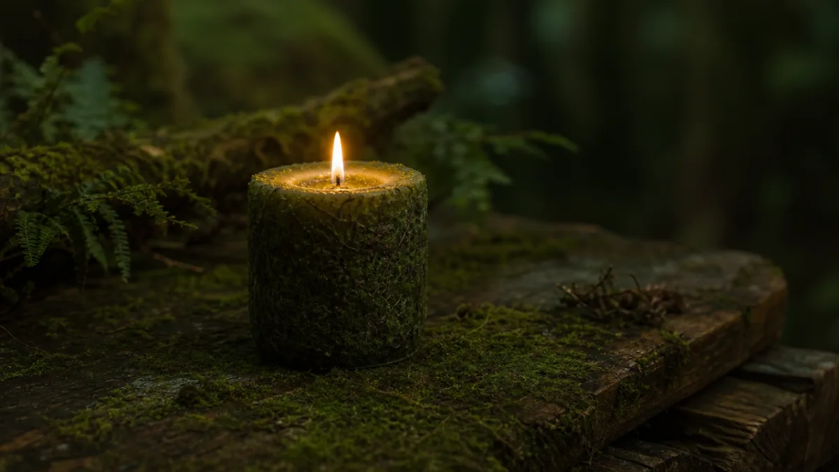 a lit forest moss candle on a moss-covered wooden surface, dim ambient…