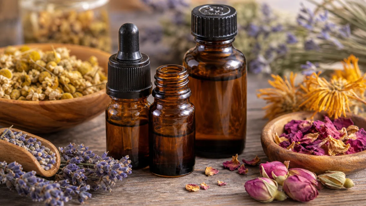 close-up of essential oil bottles and dried botanical ingredients arranged on a…