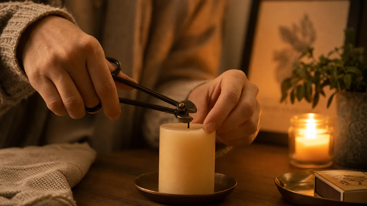 hands carefully trimming a candle wick before lighting, warm golden candlelight in…