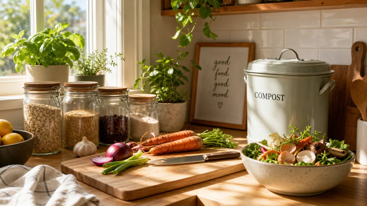 a sunlit kitchen countertop with glass jars, fresh vegetables, and a small…