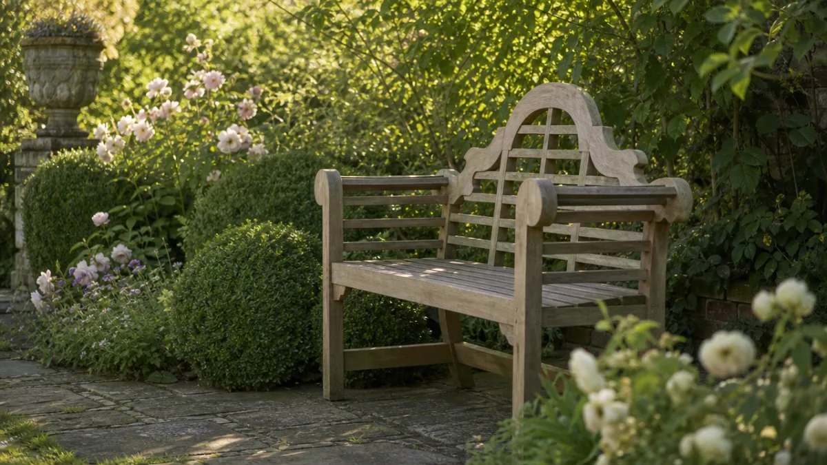 a classic wooden Lutyens garden bench in a lush English garden, soft…