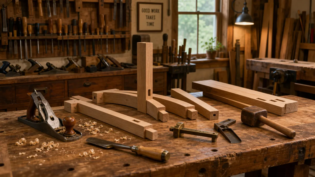 a woodworking workshop with timber components and hand tools laid out on…