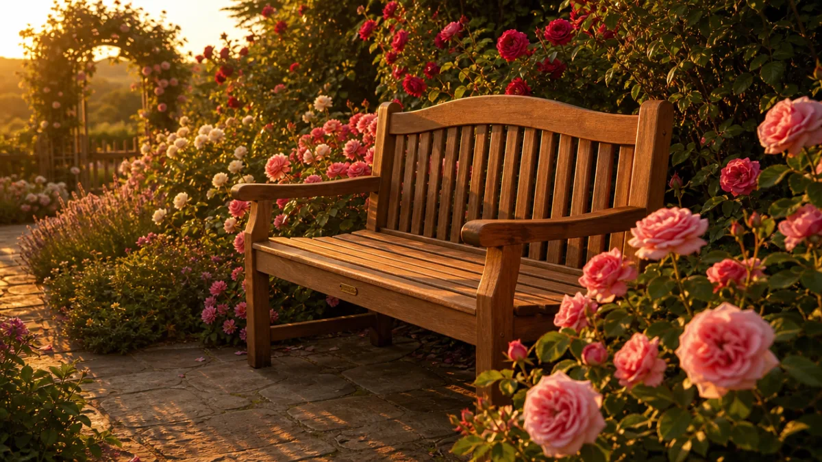 a beautifully finished wooden garden bench surrounded by blooming roses, golden hour…